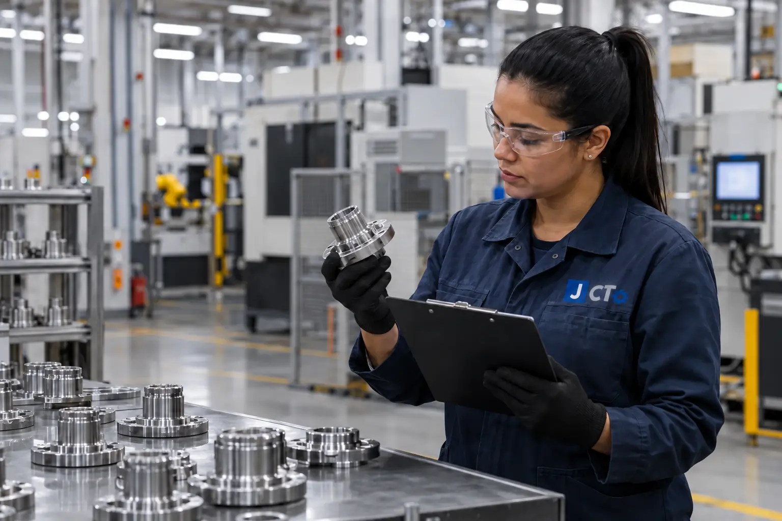 Inspetora verificando a conformidade de um componente industrial